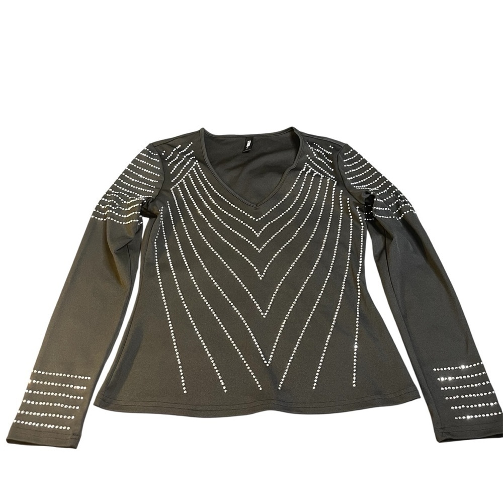 Stylewe Chic Black Embellished V-Neck Blouse Small